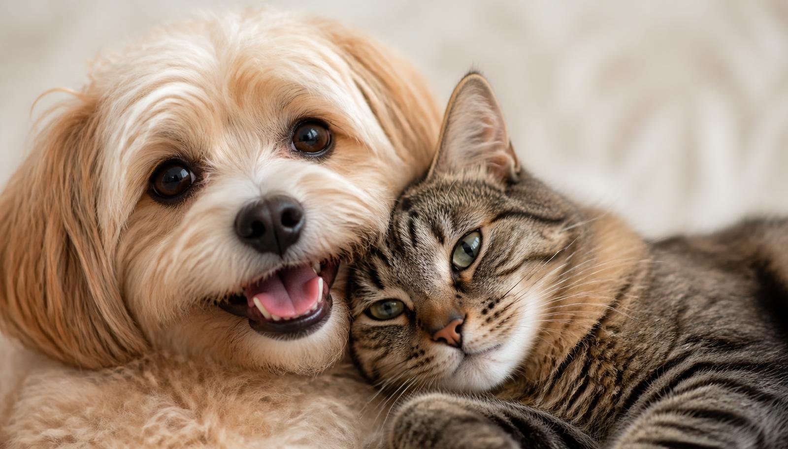 Cachorro e gato juntos, felizes